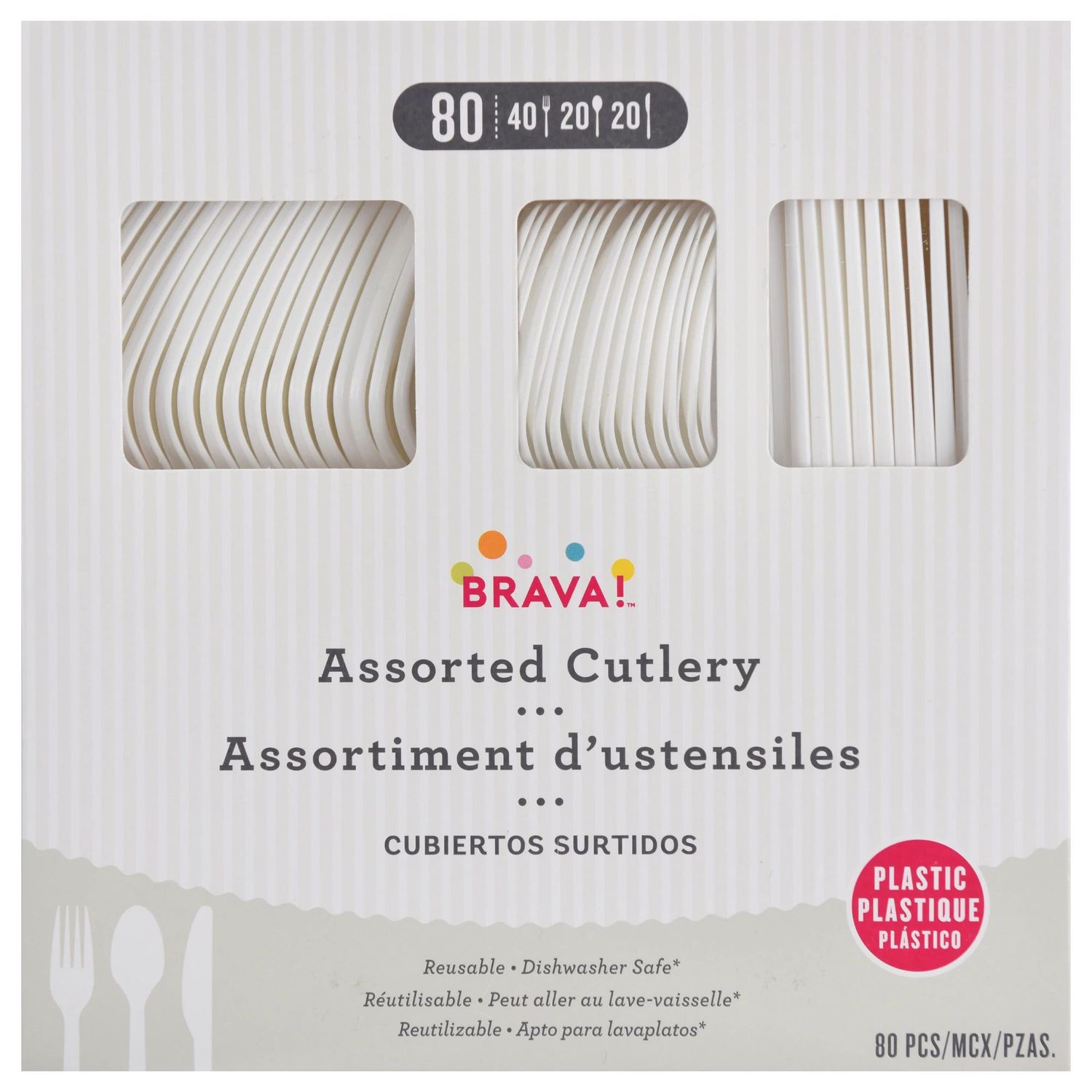 80ct Reusable Plastic Cutlery Assortment Frosty White