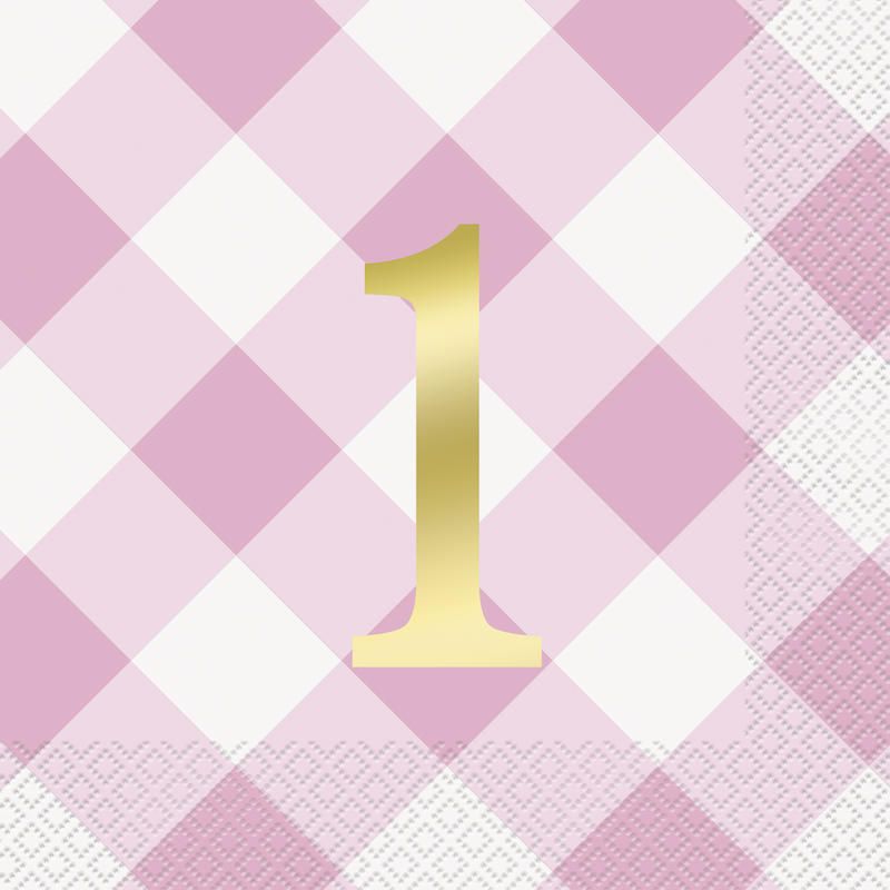 Pink Gingham 1st Birthday Luncheon Napkins - 16 Count
