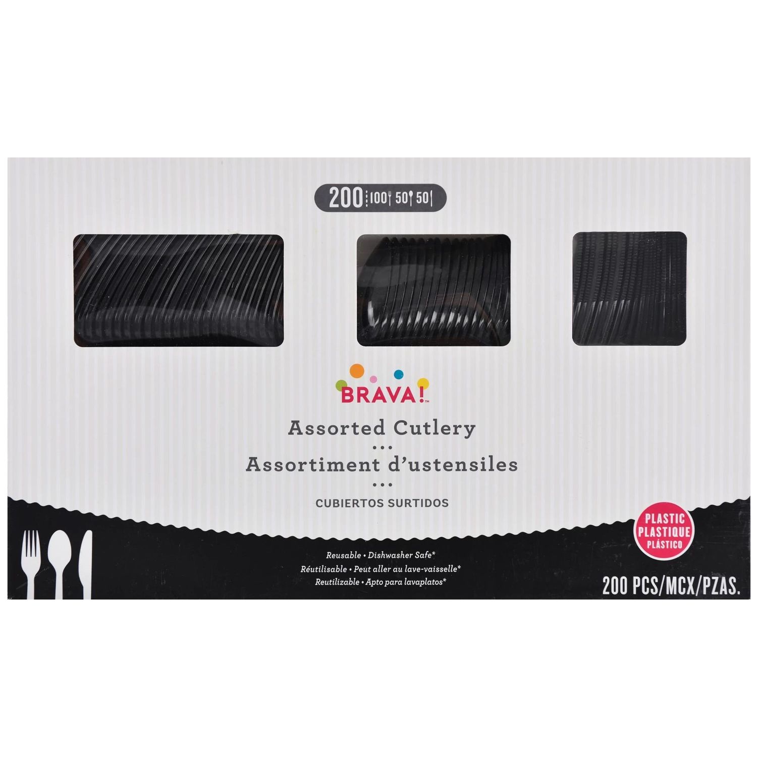 200ct Reusable Plastic Cutlery Assortment - Jet Black