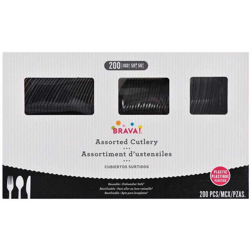 200ct Reusable Plastic Cutlery Assortment - Jet Black