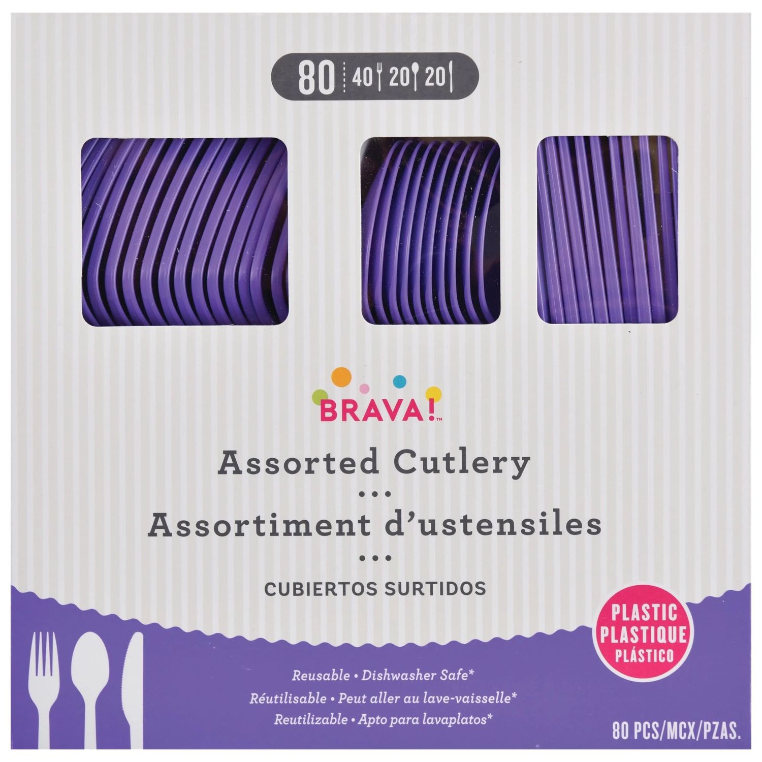80ct Reusable Plastic Cutlery Assortment - New Purple