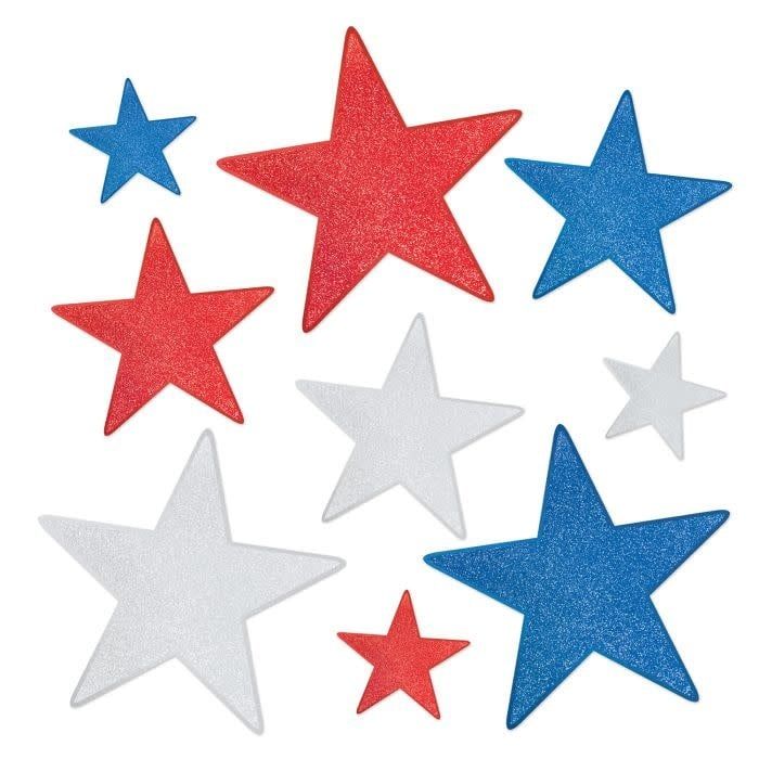 Red, Silver &amp; Blue Glittered Foil Star Cutouts - 9 Count