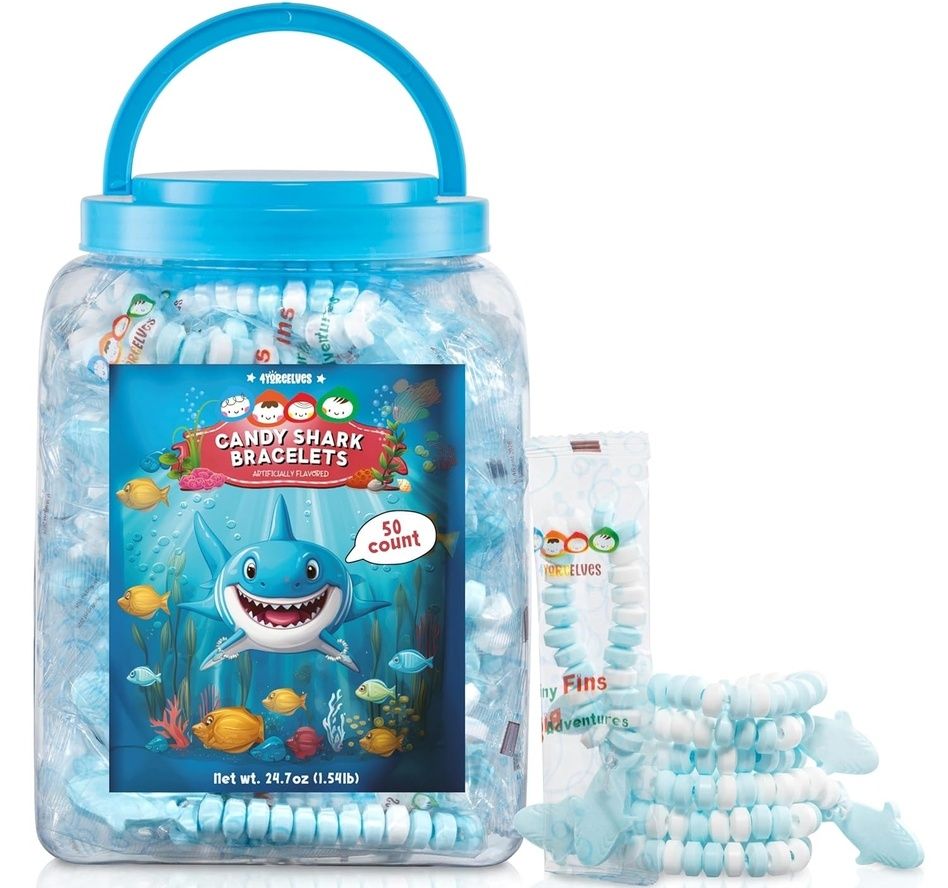 50 Shark Candy Bracelets Individually Wrapped