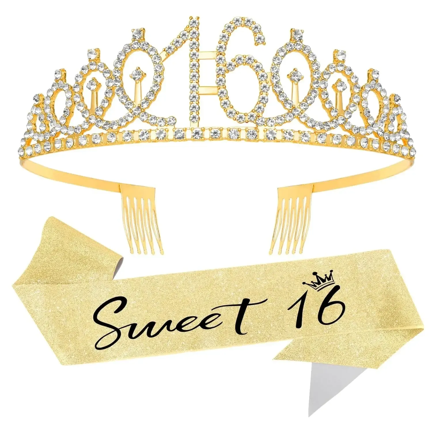SWEET 16 TIARA AND SASH GOLD