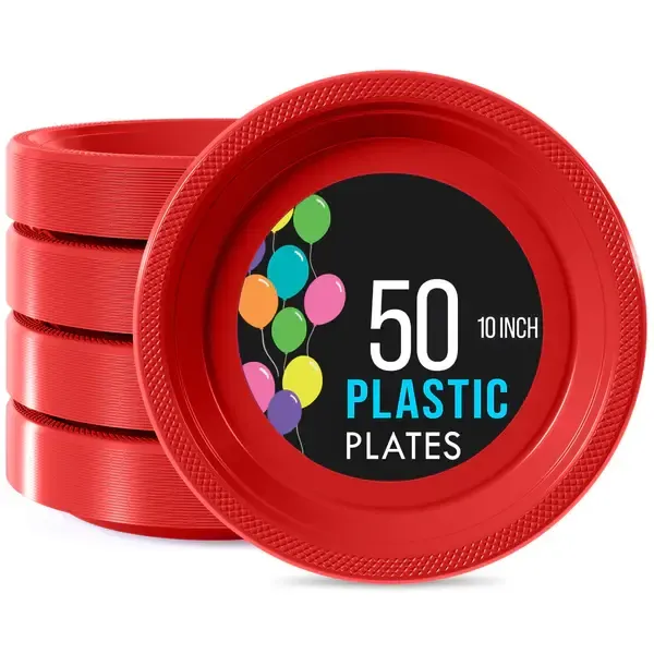 50CT 10in PLASTIC PLATES RED