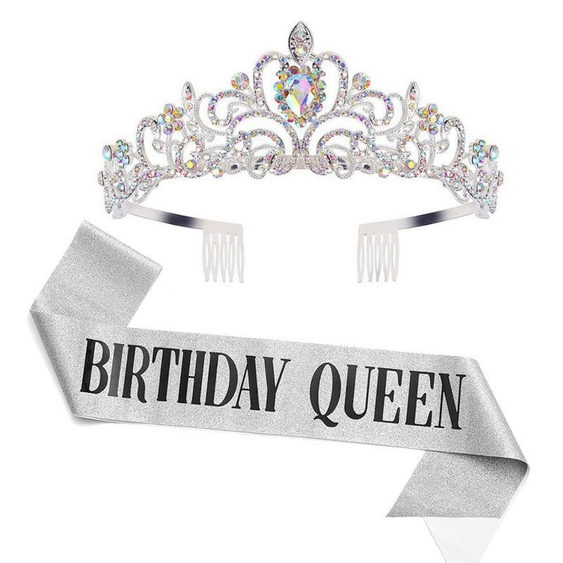 BIRTHDAY QUEEN  TIARA AND SASH SILVER