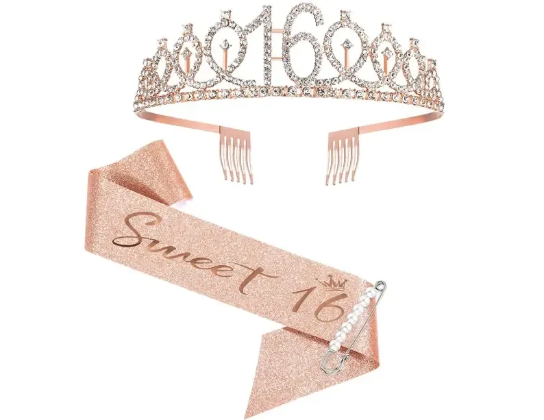SWEET 16 TIARA AND SASH ROSE GOLD
