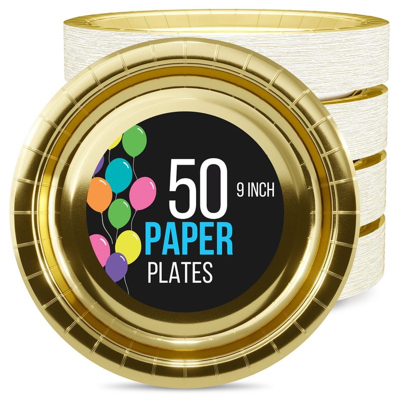 50CT 9in PAPER PLATES REFLECTIVE GOLD