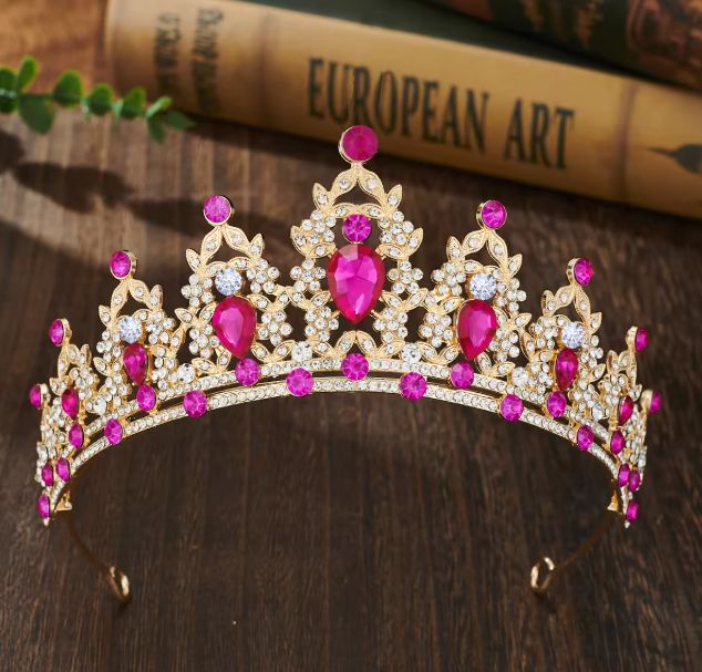 GOLD TIARA WITH ROSE RED STONES