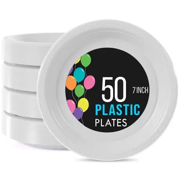 White 7in Plastic Plates - 50ct