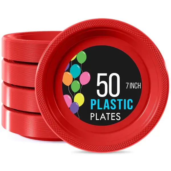 50CT 7in PLASTIC PLATE RED