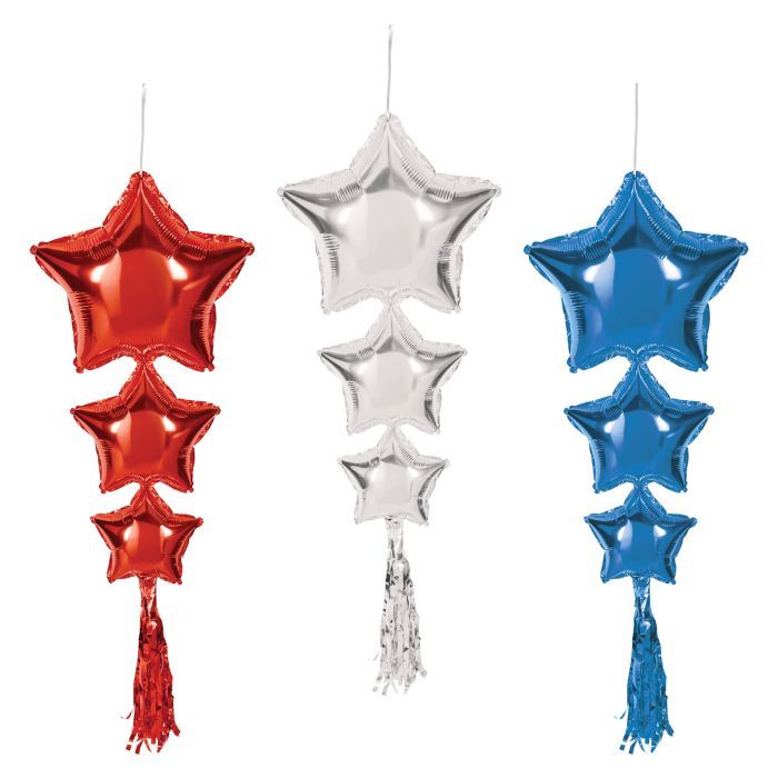 Star Balloons with Tassel -3 Count - Red, Silver &amp; Blue
