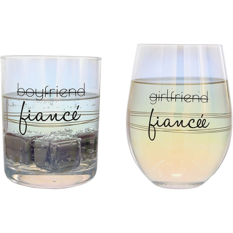 Fiancé/Fiancée - 11 oz Rocks &amp; 18 oz Stemless Wine Glass Set
