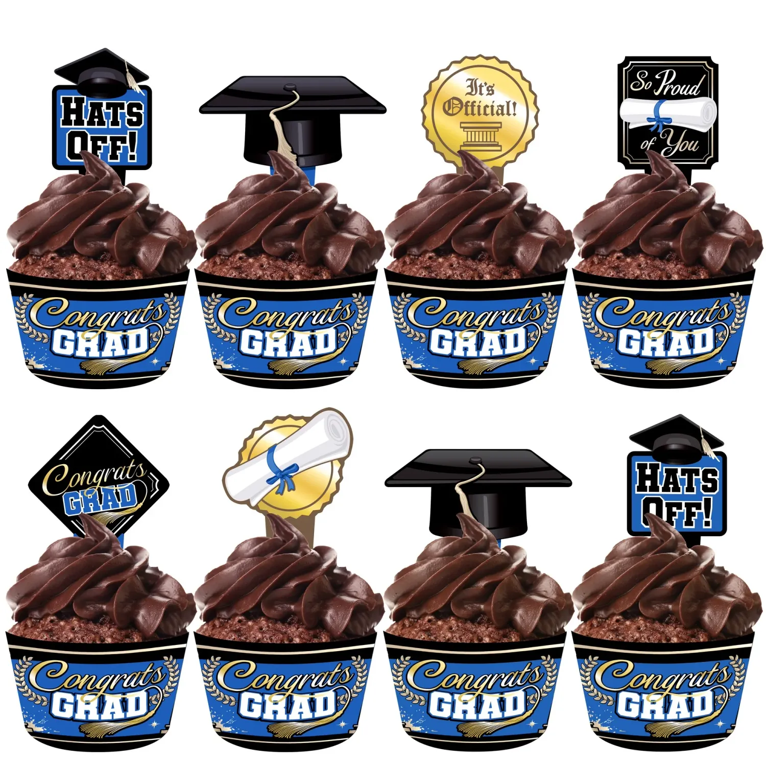 Blue Graduation Cupcake Toppers &amp; Blue Graduation Cupcake Wrappers