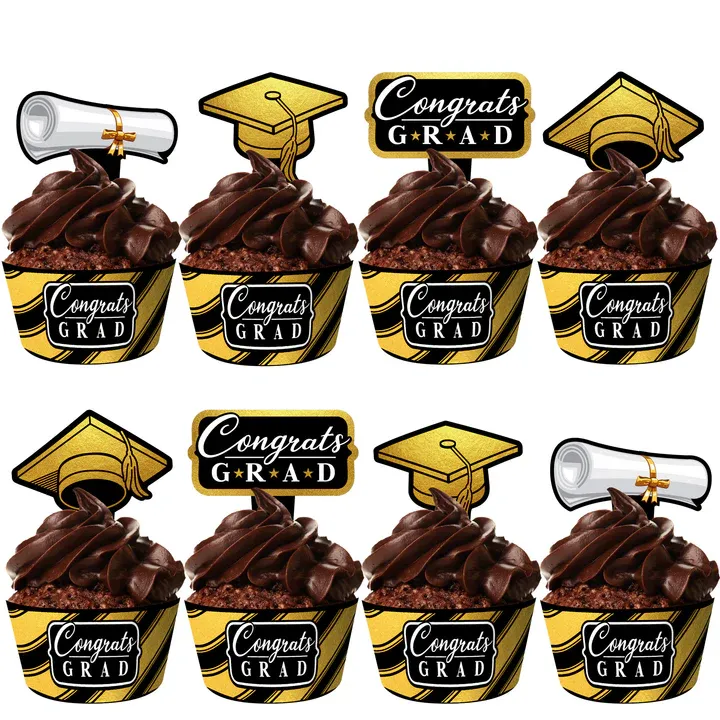 Gold Graduation Cupcake Toppers &amp; Gold Graduation Cupcake Wrappers