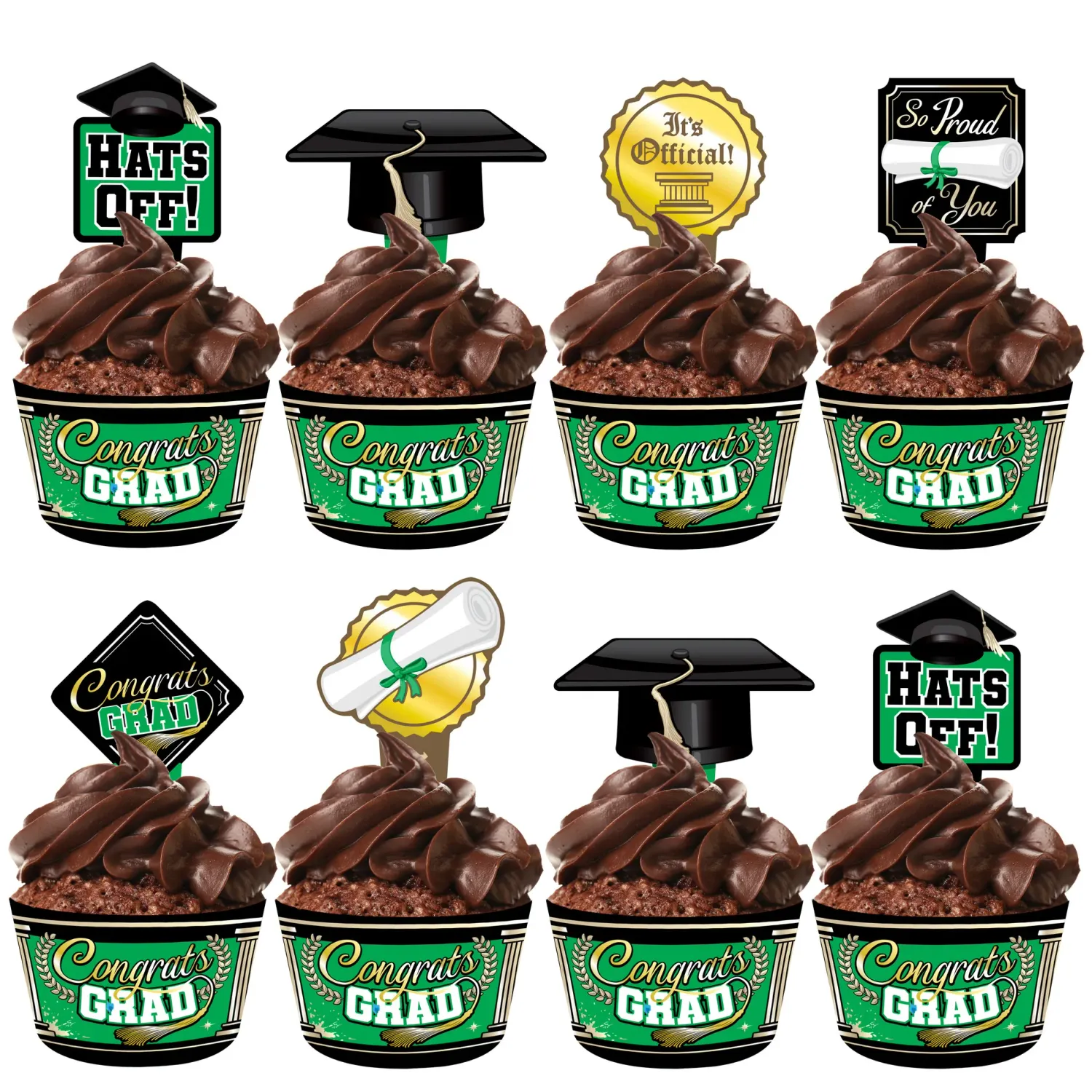 Green Graduation Cupcake Toppers &amp; Green Graduation Cupcake Wrappers