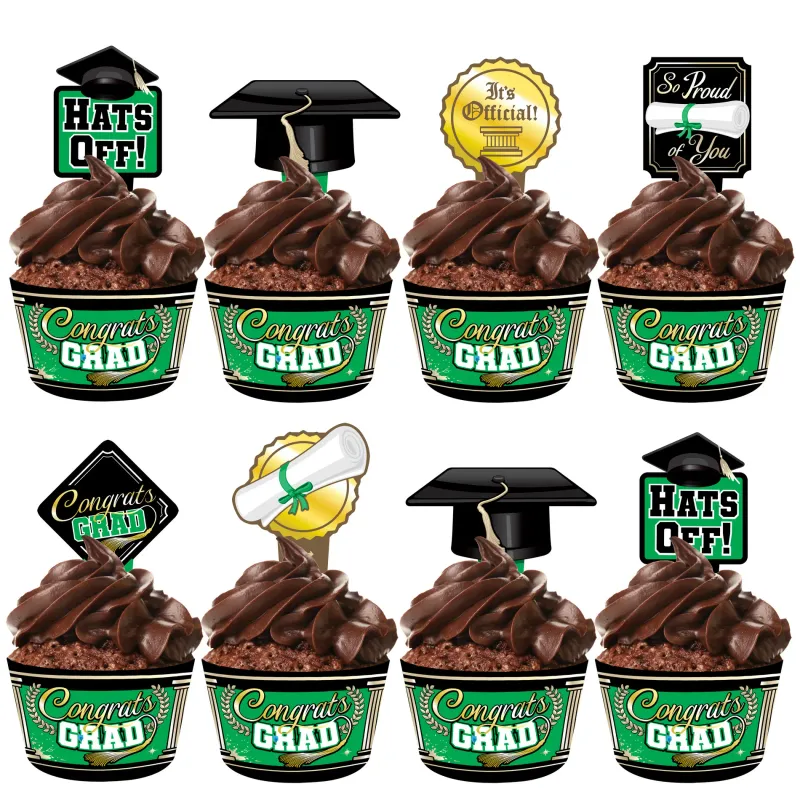Green Graduation Cupcake Toppers &amp; Green Graduation Cupcake Wrappers