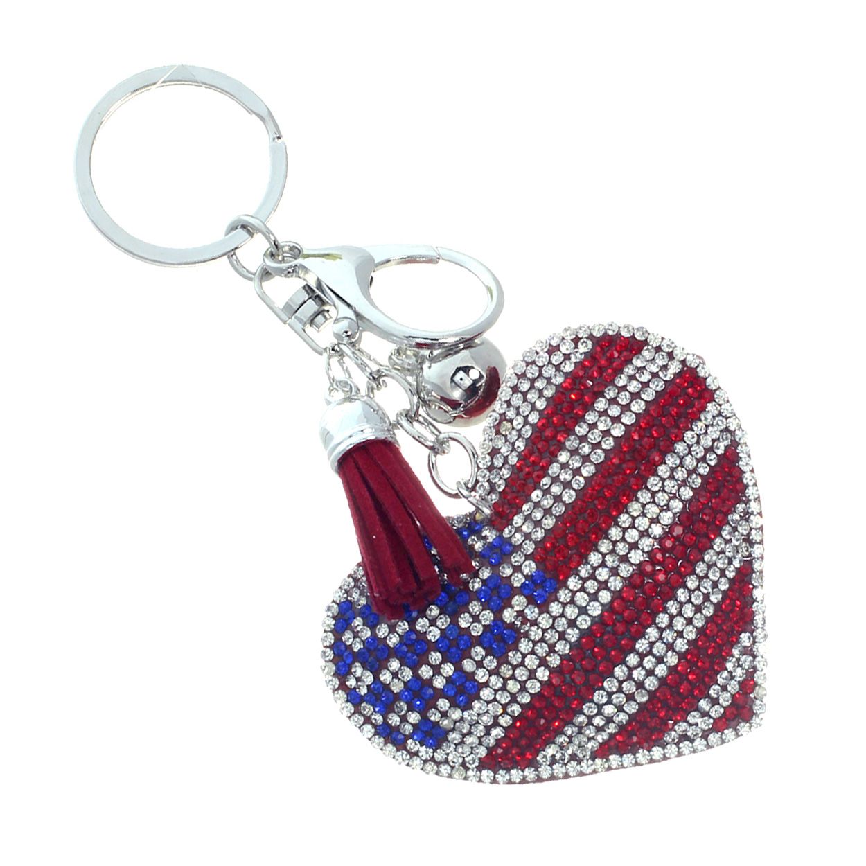 American Flag Heart Crystal Keychain