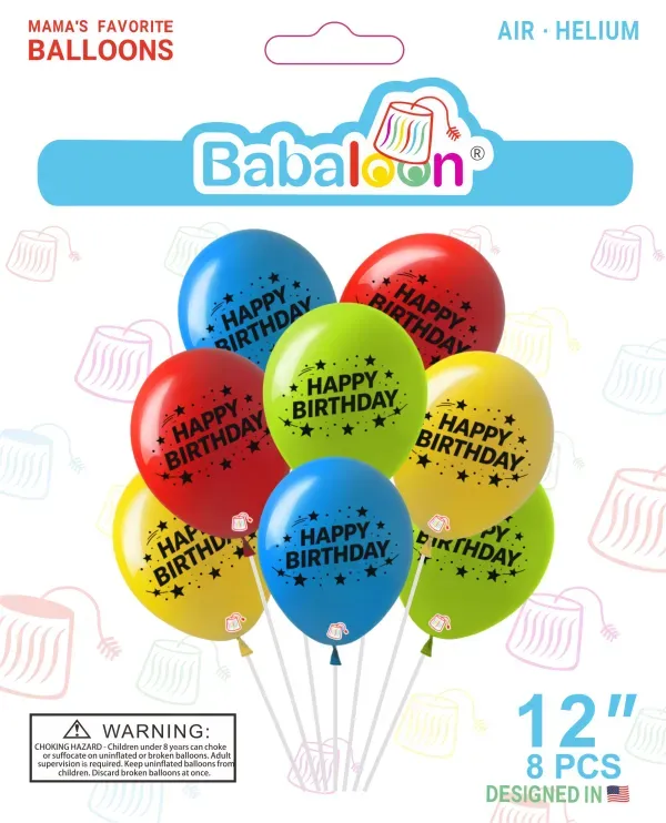 Happy Birthday Printed Bright Assorted 12in Latex balloons - 8 Count