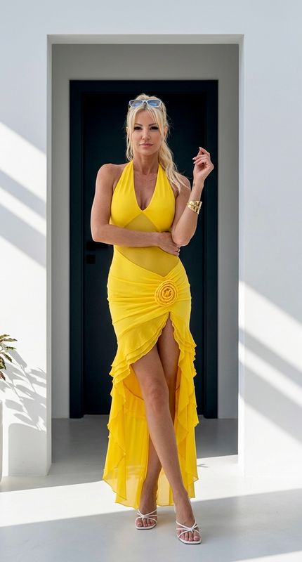 Zjawiskowa Żółta Sukienka Maxi z Kaskadowymi Falbanami i Różą