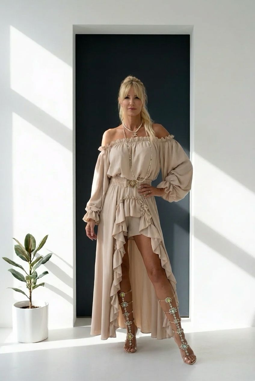 Zmysłowa Suknia Kombinezon Maxi Carmen z Falbanami - Asymetryczna Sukienka Boho Fango