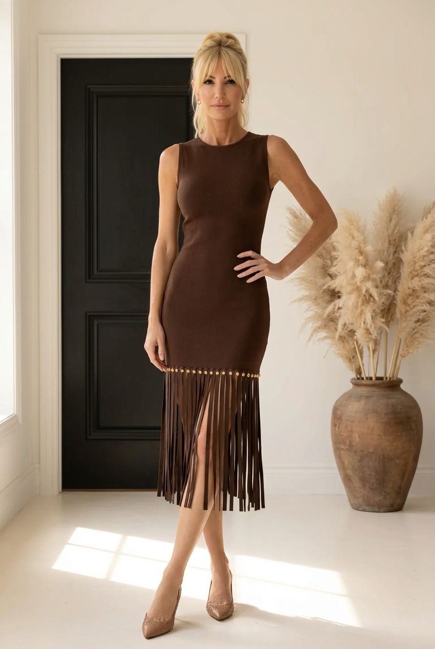 Czekoladowa sukienka midi bez rękawów z ozdobnymi frędzlami i perłami – Onyx Night Bibione
