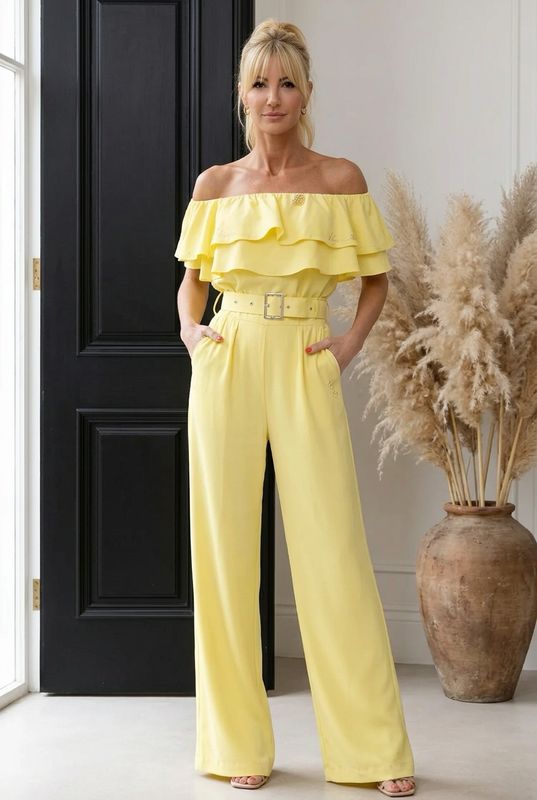 Elegancki Kombinezon Hiszpanka z Falbaną i Paskiem – Cytrynowy marki Bibione