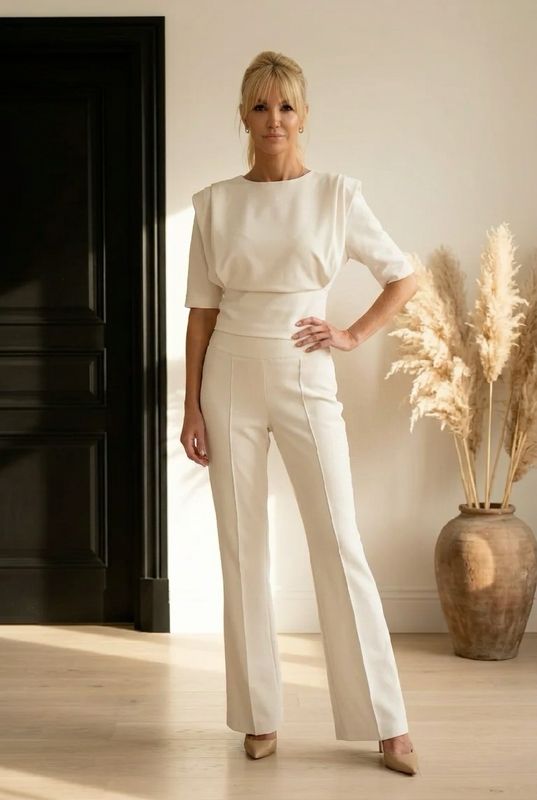 Modelka w beżowym komplecie Margo bluzka z poduszkami i spodnie dzwony