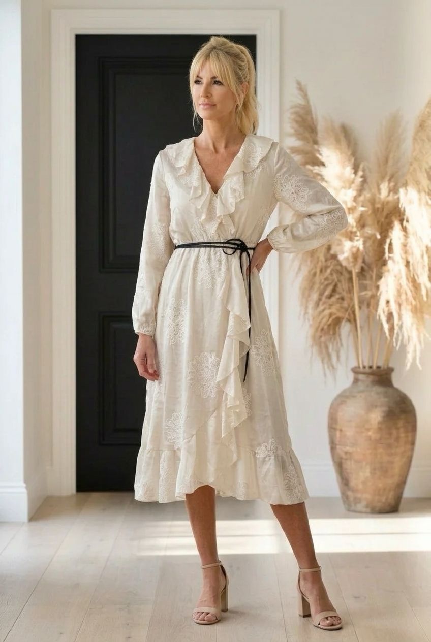 Kobieta w beżowej sukience midi z falbanami i haftem w kolorze ecru