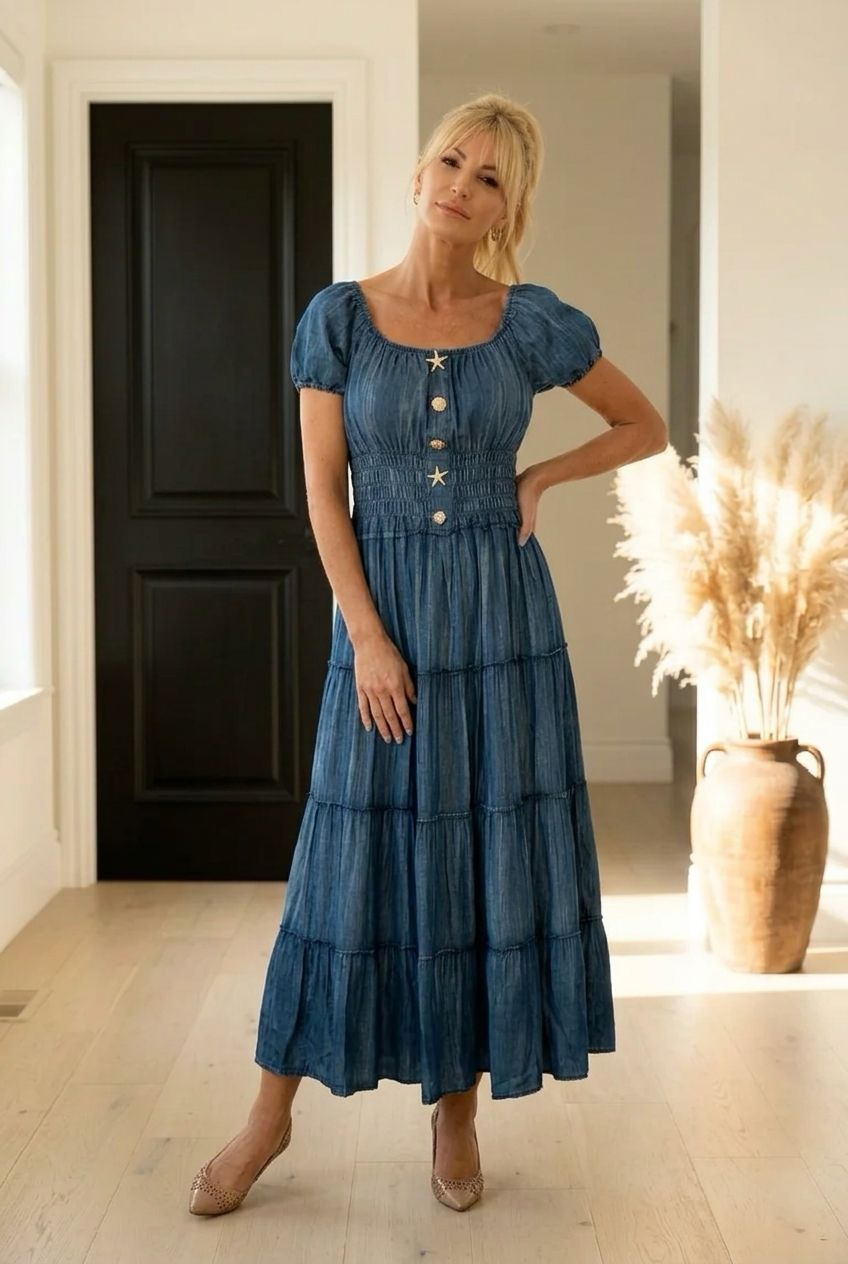 Jeansowa Sukienka Maxi z Marszczoną Talią i Guzikami Denim Blue Bibione