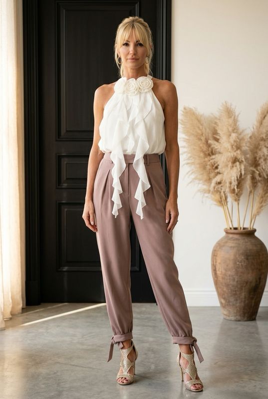 Beżowa Bluzka Damska z Aplikacją Kwiatową przy Dekolcie i Zwiewnymi Falbanami