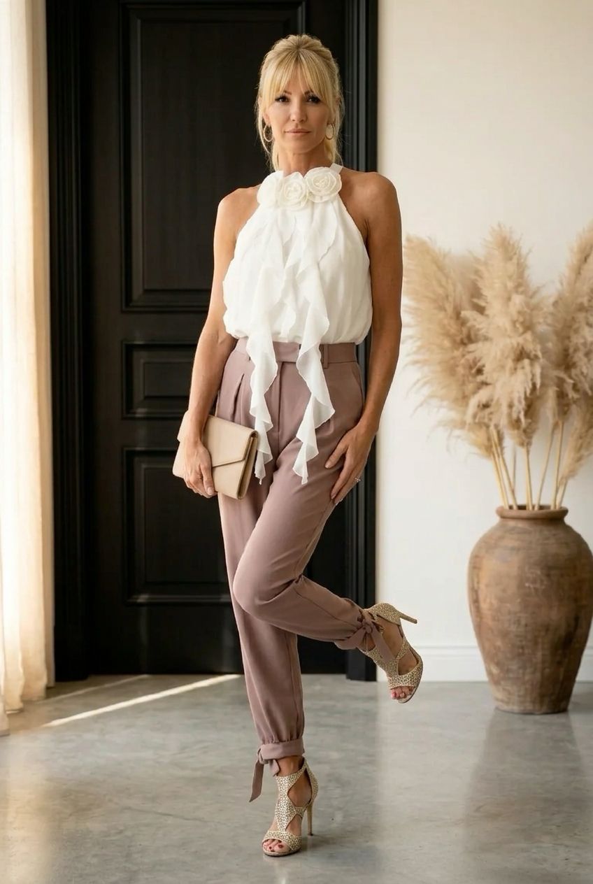 Spodnie Jogger z Wiązaniem przy Kostce - Kolor Mocca w Stylu Safari Chic