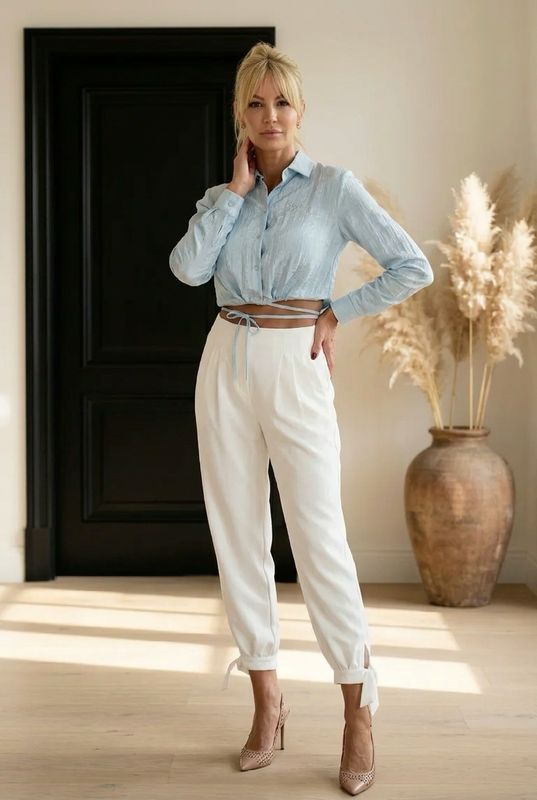 Spodnie Jogger z Wiązaniem przy Kostce - Kolor Białe w Stylu Safari Chic