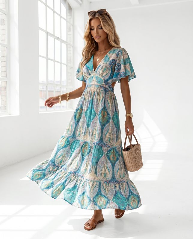 Sukienka GISELLE Miss Sara Ruffles Turkus