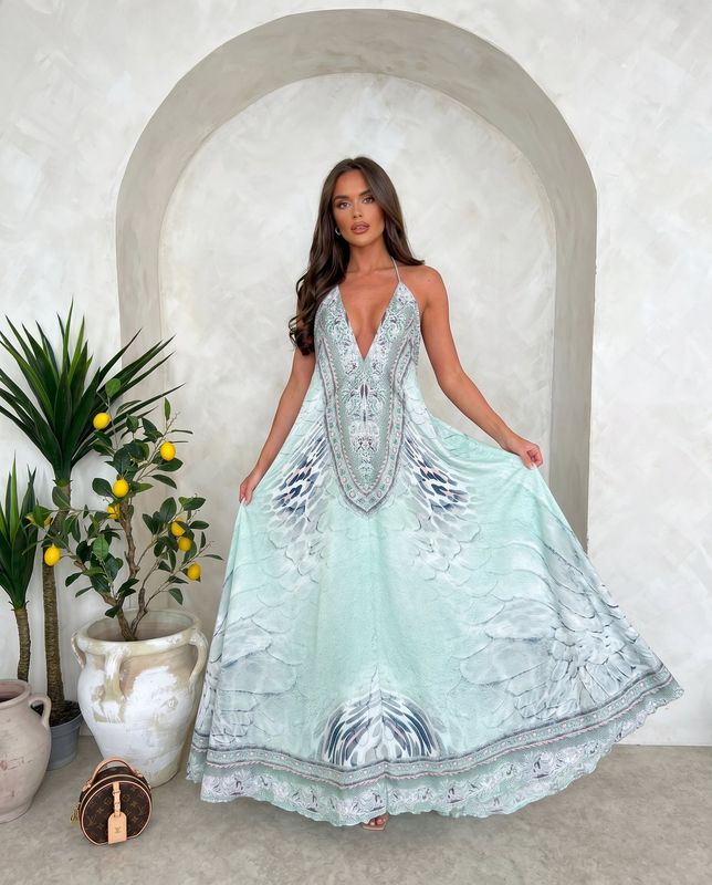 Luksusowa Sukienka Maxi Halter w Wzór mięta pantera– Sukienka Plażowa Premium