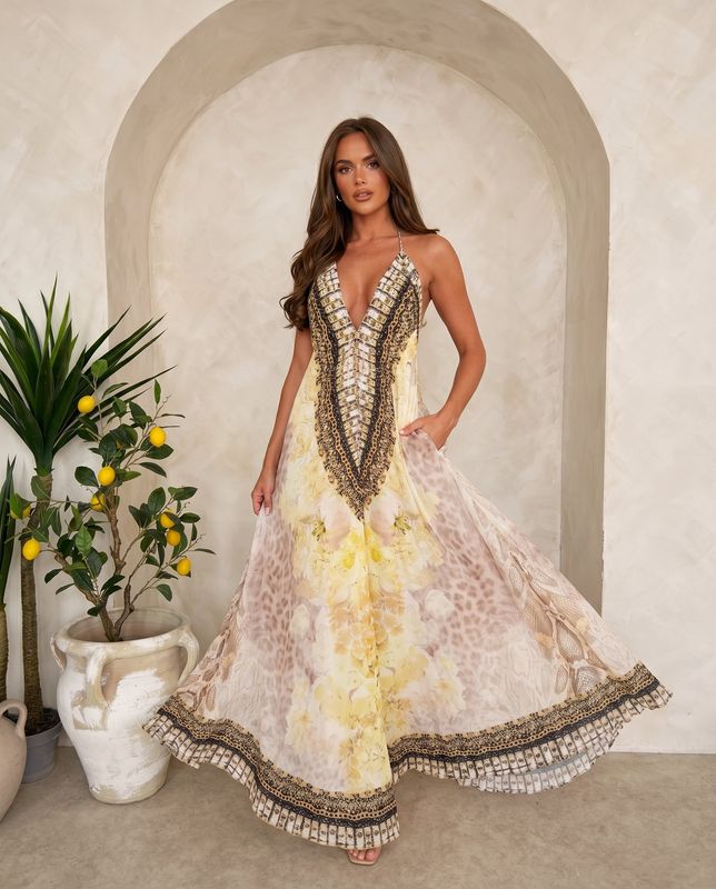 Luksusowa Sukienka Maxi Halter w Wzór żółty pantera – Sukienka Plażowa Premium