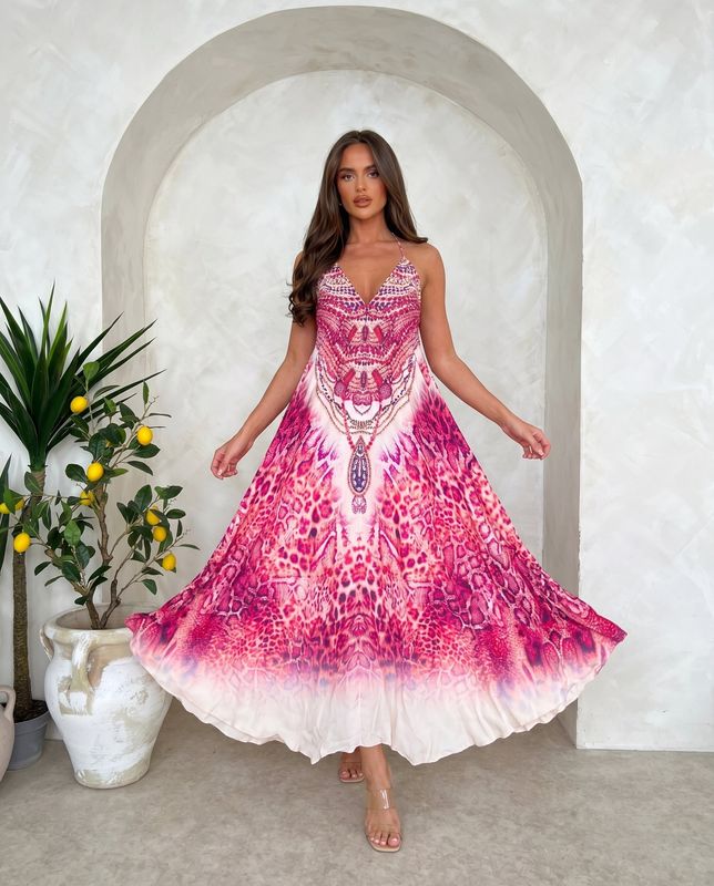 Luksusowa Sukienka Maxi Halter w Wzór fuksja kwiat – Sukienka Plażowa Premium