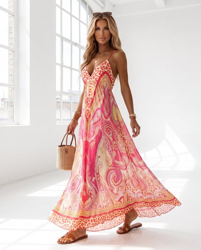 Luksusowa Sukienka Maxi Halter w Wzór Różowy pantera – Sukienka Plażowa Premium