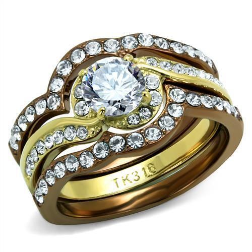 TK2669 - IP Gold &amp; IP Light Brown (IP Light coffee) Stainless Steel Ring with AAA Grade CZ  in Clear