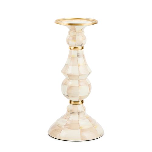 mocha check large pillar candlestick