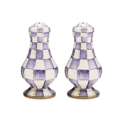 violet check large salt &amp; pepper shakers