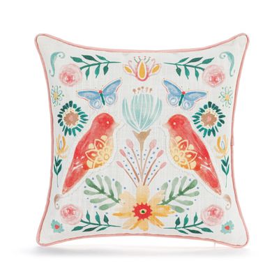 Coral Birds with Floral Pillow
