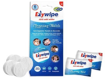 Ezywipe Compressed Cleansing Towels Individually size M. Bag of 6 Towels.
