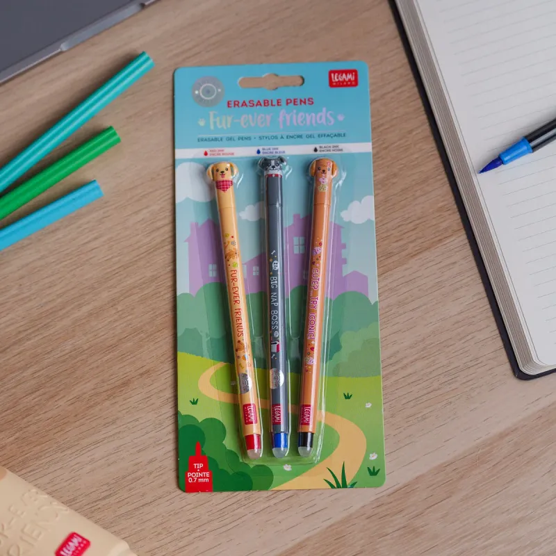 Legami - Set mit 3 Löschbaren Gelstiften - Erasable Pen - Fur-ever Friends