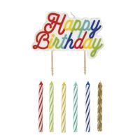 Multi Colored Birthday Candles and Large "Happy Birthday" Pick Candle