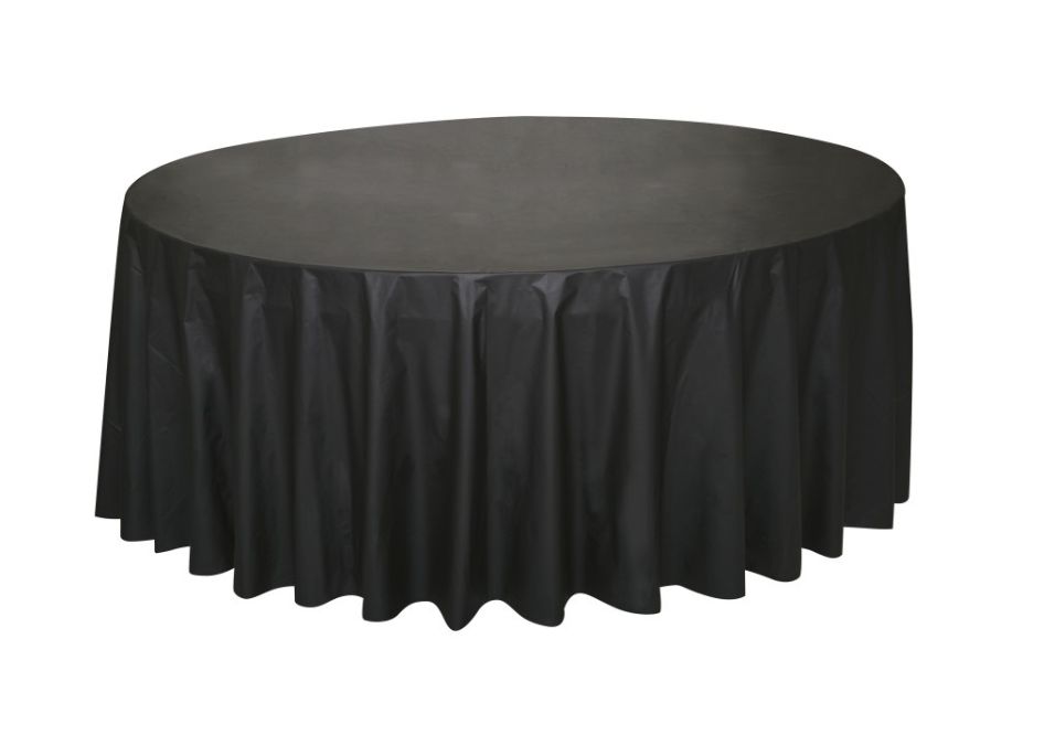 Midnight Black Solid Round Plastic Table Cover 84"