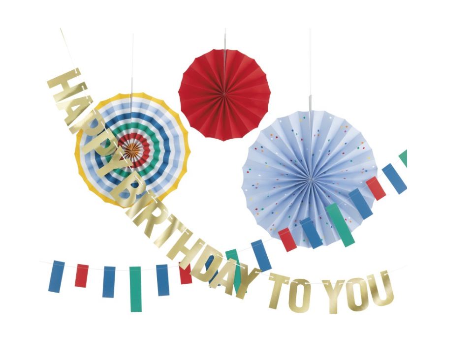Gold Foil "Happy Birthday to You" 6 ft Letter Banner Paper Fan and Paper Garland Decoration Kit