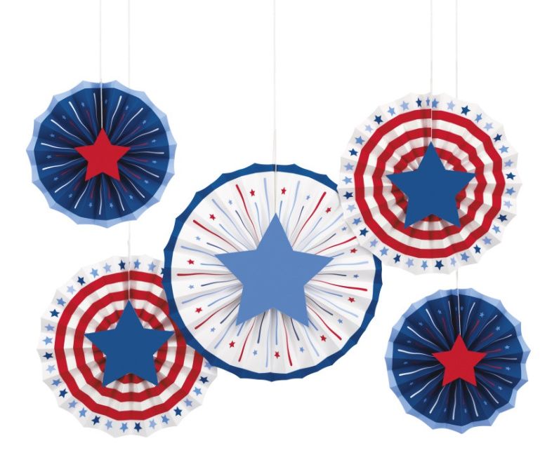 Patriotic USA Assorted Paper Fan Decorations with Cutout Stars 5ct