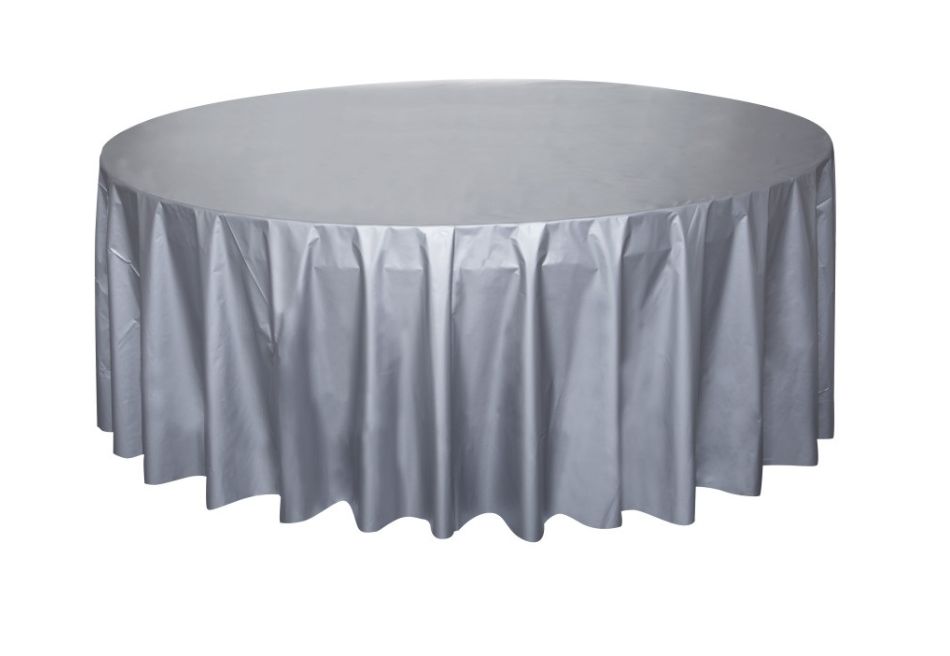 Silver Solid Round Plastic Table Cover 84"