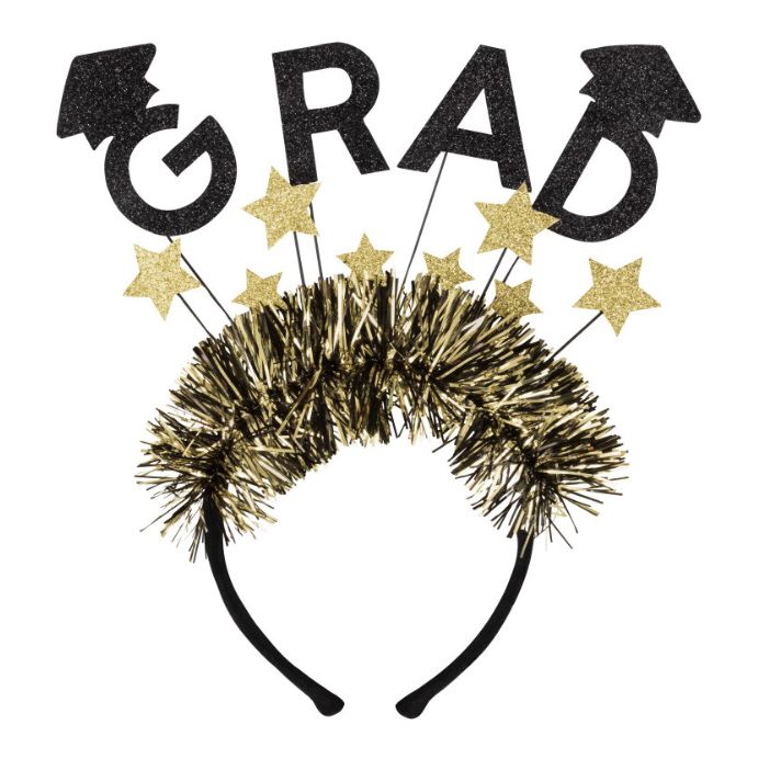 Black and Gold "Grad" Star Felt Headband with Tinsel Fringe